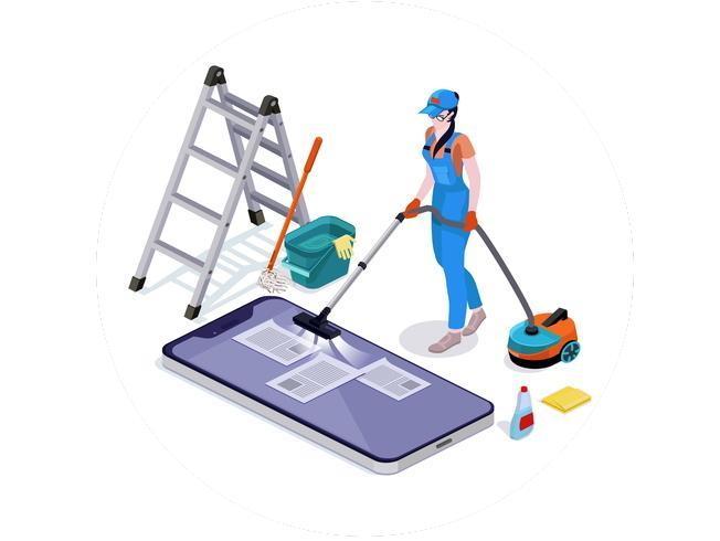 Woman dressed in uniform delete files off from mobiles cleaning and vacuums the phone vector 2
